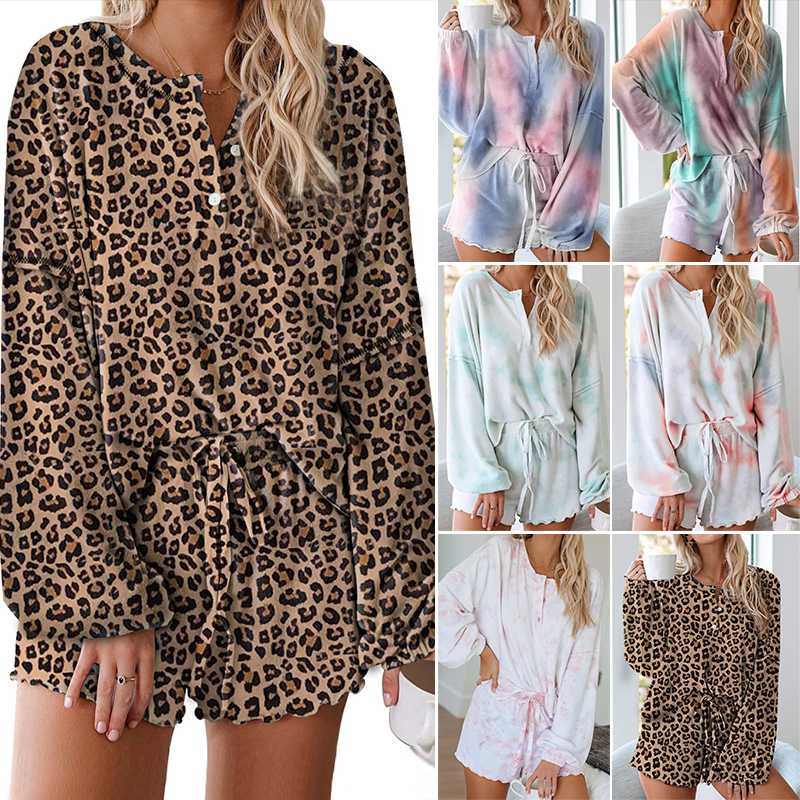 

Women Casual Tie-dye Pajamas Long-sleeve Tracksuit Suit Home Two-piece Sets, Multi