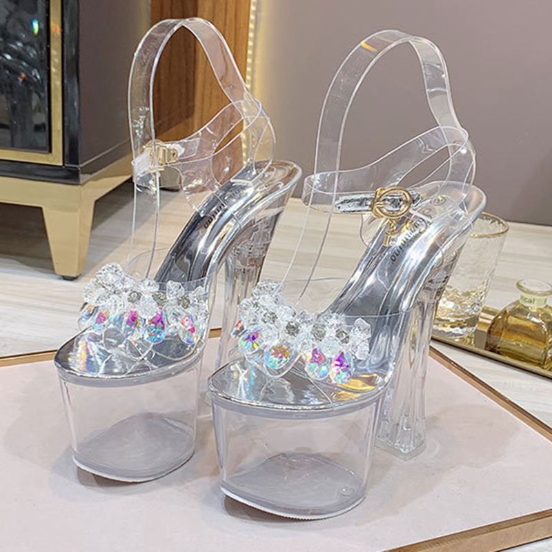

Women non-slip sandals sexy super high heel 18cm 20cm pole dancing ladies large size 34-43 sandals glass drill, Flower 20cm