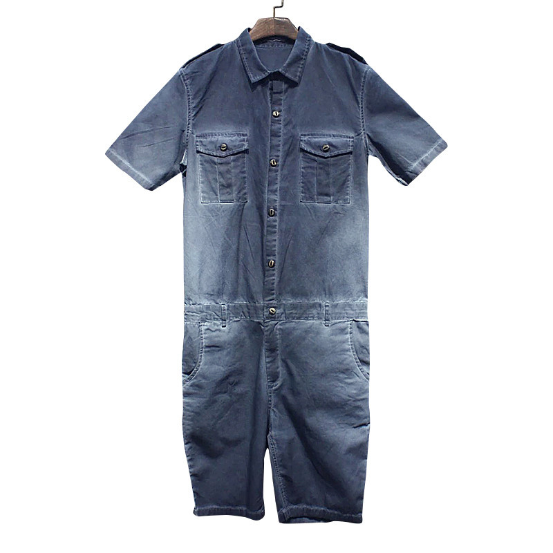 

2020 New Summer Mens Jumpsuit Overalls Jeans Fashion Hiphop Short Sleeve A Piece Trousers Mens Casual Denim Jumpsuit, Blue