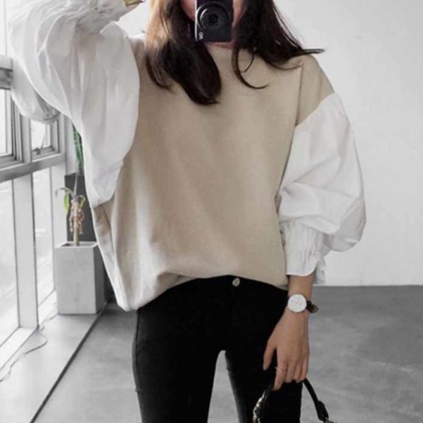 

2020 Spring Fashion New Round Neck Lantern Sleeve Women' Split Joint Short Sweatshirt Japan And South Korea Tops DB177, Beige