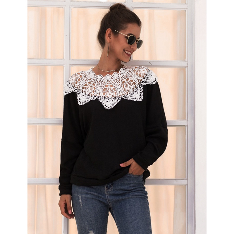 

Autumn Women Blouse O-Neck Long Sleeve Splicing Lace Blouse Women Elegant Hollow Out Loose Shirt  Size, Black