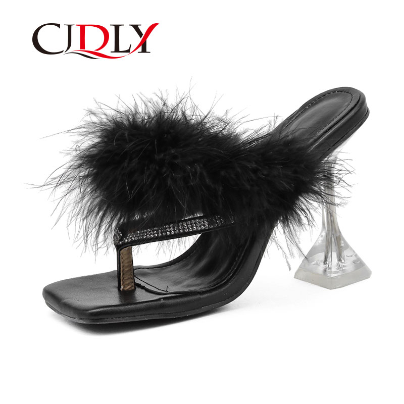 

CJDLY Leather Pumps Feather Women Sandal Shoes Rhinestone Sandals Woman Party Shoe Wedding High Heel Shoes Ladies Chaussure, Black