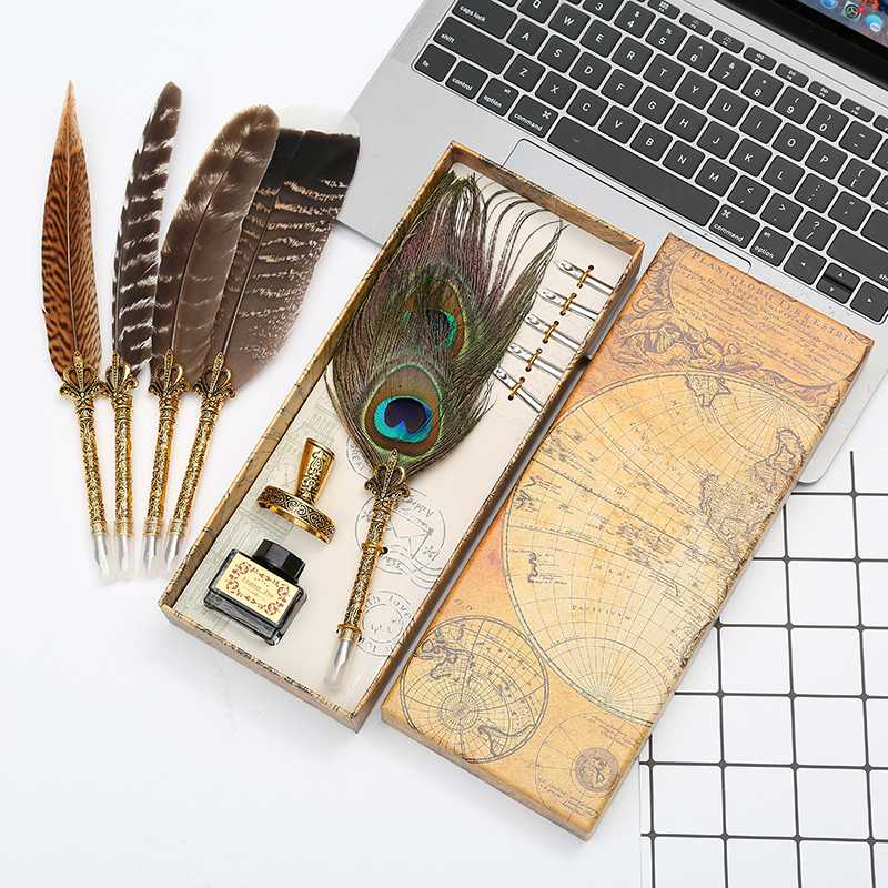 

Novel and unique! Natural Peacock Feather Dipped in Water Pen Set Writing Ink Luxury Gift Box Customizable LOGO Christmas Gift, Red