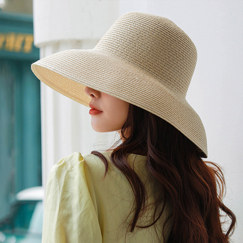 

Hepburn Summer Sun Hat Lady Solid Plain Elegant Large Wide Brim Hat Round Top Sunscreen Floppy Straw Beach Panama chapeau, Pink