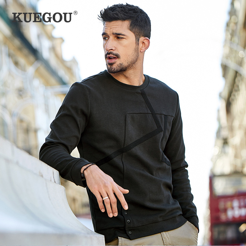

KUEGOU Cotton Autumn men's sweatshirts patchwork fashion hoodies sweatshirt men male tops plus size RW-3710, Black