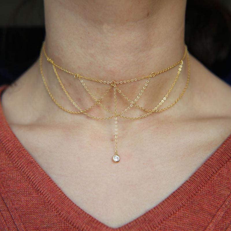 

925 Sterling silver delicate thin chain wrap layer tassel mesh women elegant simple single cz chain necklace
