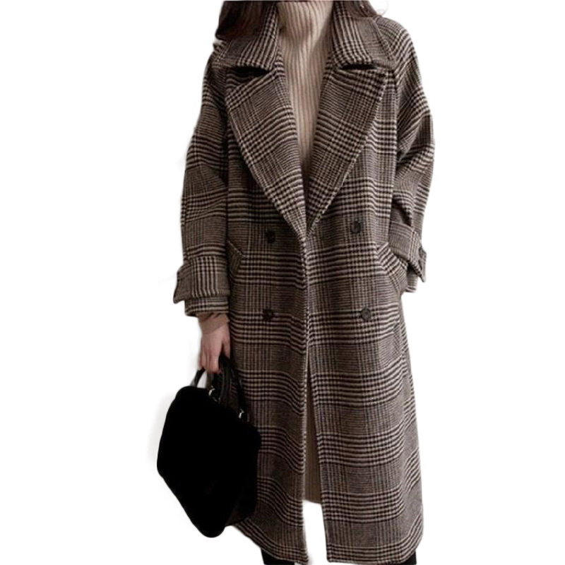 

Autumn Winter Thick Plaid Long Woolen Coat Women Houndstooth Loose Trench Female Plus Size Overcoat Ropa Invierno Mujer, Brown