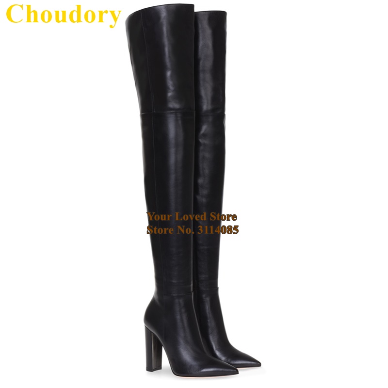 

Choudory Chunky Heels Pointed Toe Thigh High Boots Nude Black Matte Leather Over The Knee Dress Boots Fall Winter Long, Black as picture