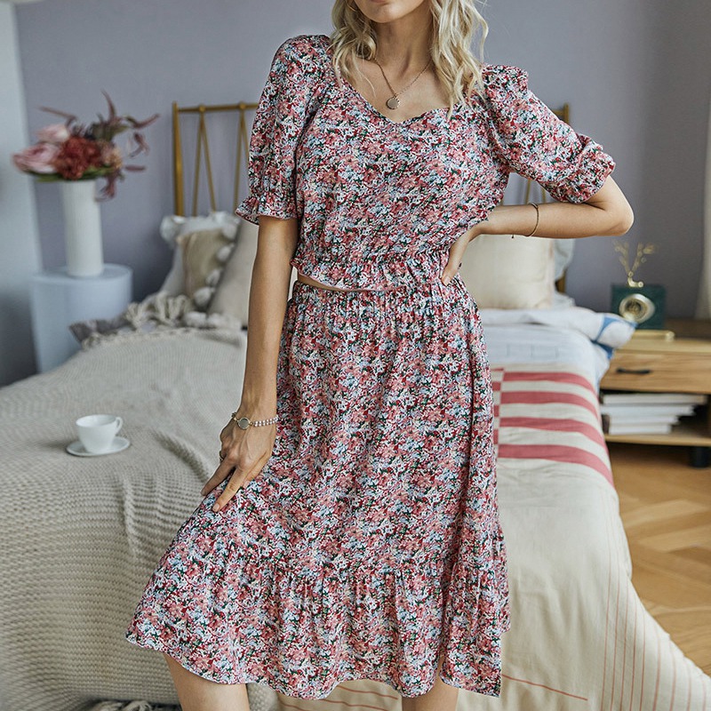 

Summer Lotus Leaf Sleeve Waist Temperament Lady Top Lotus Leaf Hem Floral Suit Pink  Size