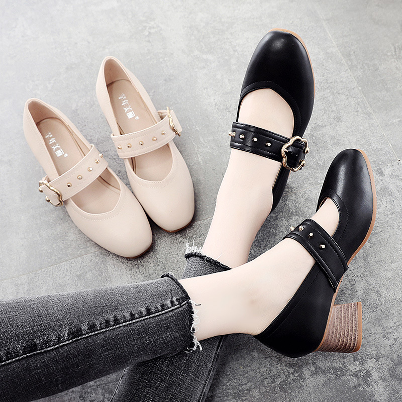 

2020 spring new with square head single shoes shallow mouth grandma shoes fashion thick with Korean version, Black