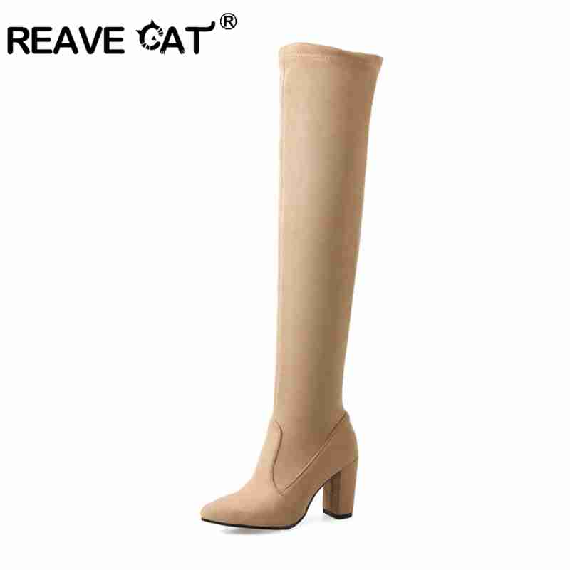 

REAVE CAT 2020 Over The Knee Boots Square Med Heel Women Boots Sexy Ladies Slip on Stretch Fabric Fashion Black A1083