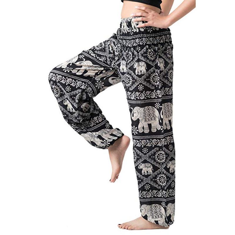 

Hippie Pants Sport Women Fitness Running Pants Bohemian Boho Smocked Waist Trousers Gym Girl 8.15, Black