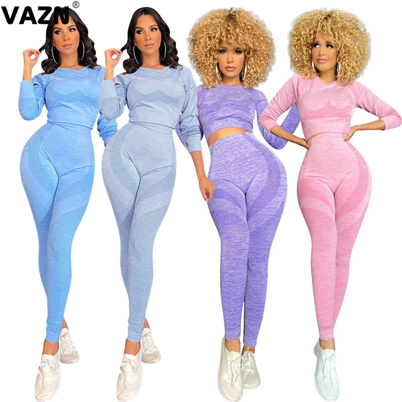 

VAZN 2020 Autumn Hot Fresh Clear High -end Sexy Young Free Soft Solid Full Sleeve Top Long Pants Slim Women 2 Piece Set, Purple