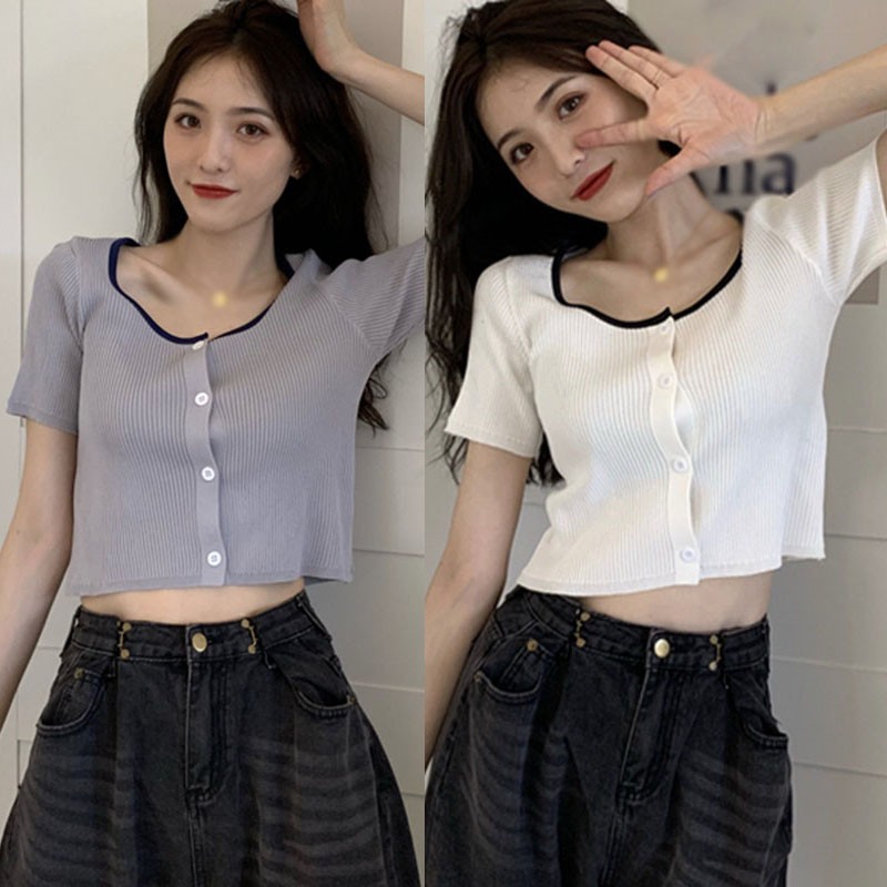

Female T-Shirt Korean Summer Round Neck Patchwork Casual Top Thin Short Sleeve Cardigan Tshirt, Green