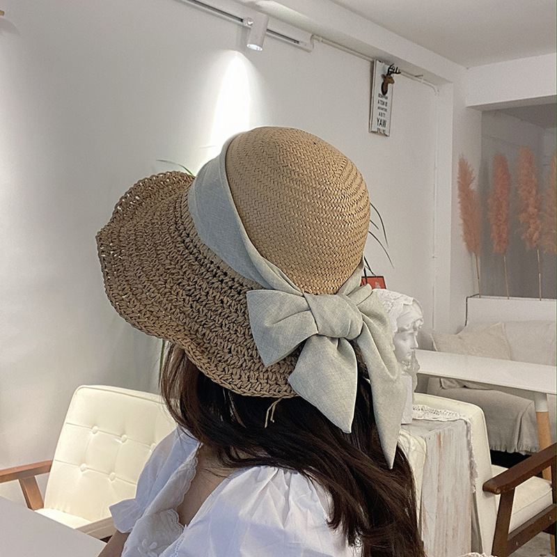 

1 PC Summer Bohemia Bowknot Straw Hats Women Female Beach Sun Bucket Hat After Opening Fisherman Caps 4 Colors, Black