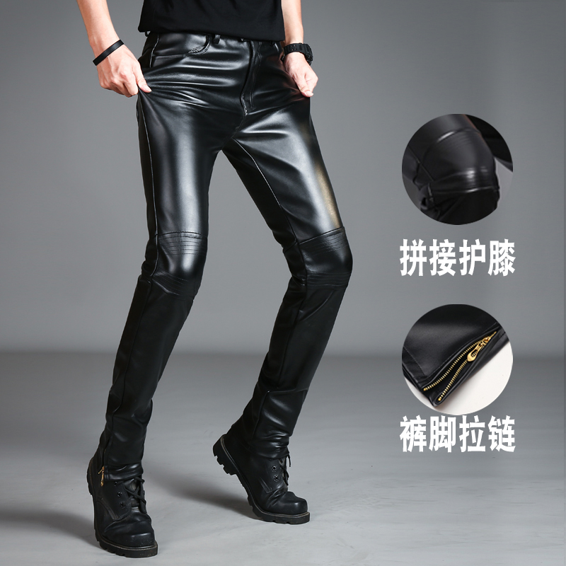 

New Men's Slim Fit Leather Pants Winter Plus Velvet Motorcycle Pants Youth Korean Skinny Leather Trend, Black