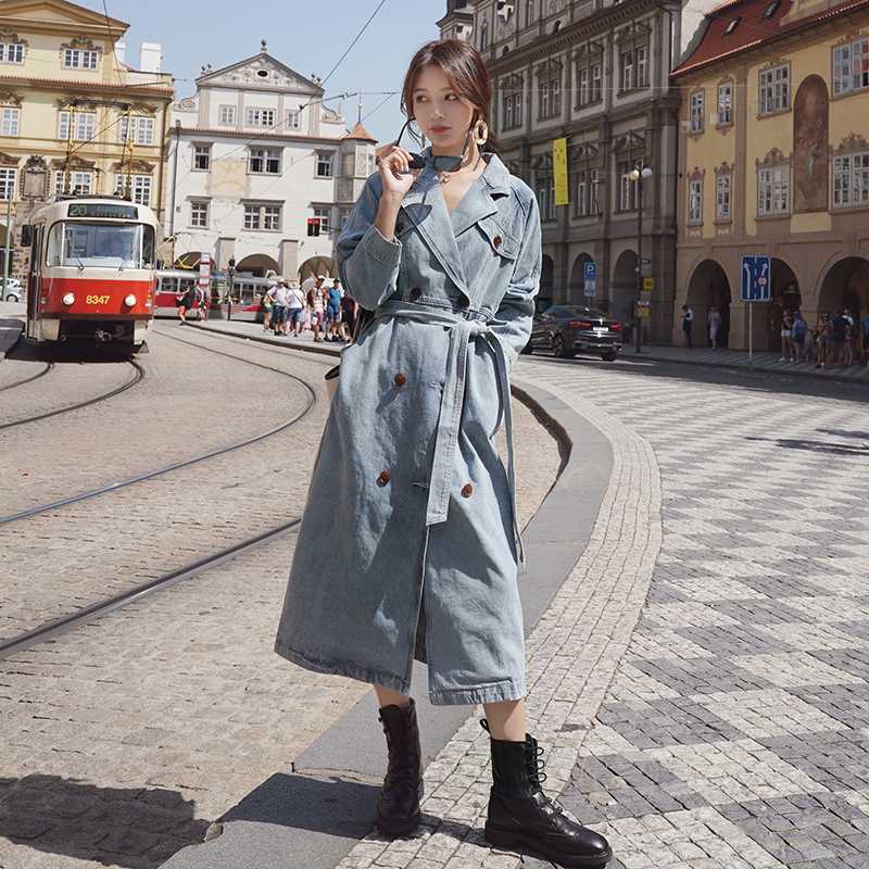 

Denim Windbreaker female European Station Long 2020 Spring Autumn Korean Loose Casual Fashion Over knee Trench Women coat W92, Light blue