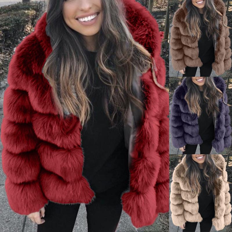 

2020 Autumn and Winter New Imitation Fur Hooded Women' Long Section Slim Fur Grass Coat Women Faux Coat, Red