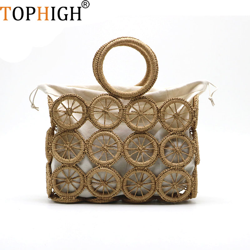 

TOPHIGH rattan hollow round straw bags wicker woven women handbags summer beach shoulder crossbody bags casual lady bali purses, Brown
