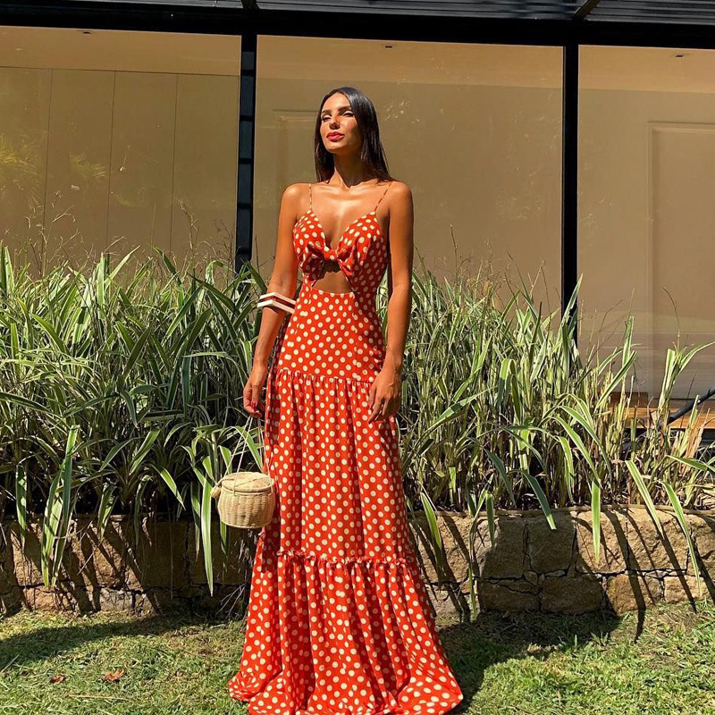 

Fashion Casual Sexy Bohemian Beach Dresses Polka Dot V Neck Maxi Runway Dress Sleeveless Spaghetti Strap Spring Vestido, Orange