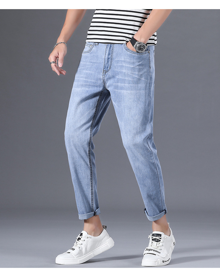 

Thin ice silk nine minutes of pants men skinny jeans, Light blue