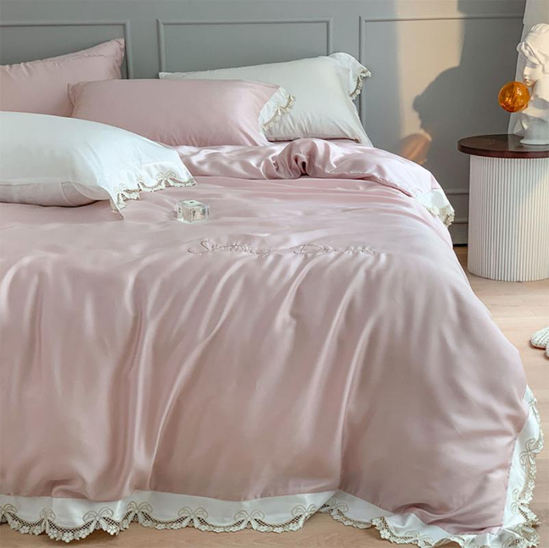 

Romantic elegant lace pink blue white bedding set teen girl, queen king double home textile bedsheet pillow case duvet cover, Color 03