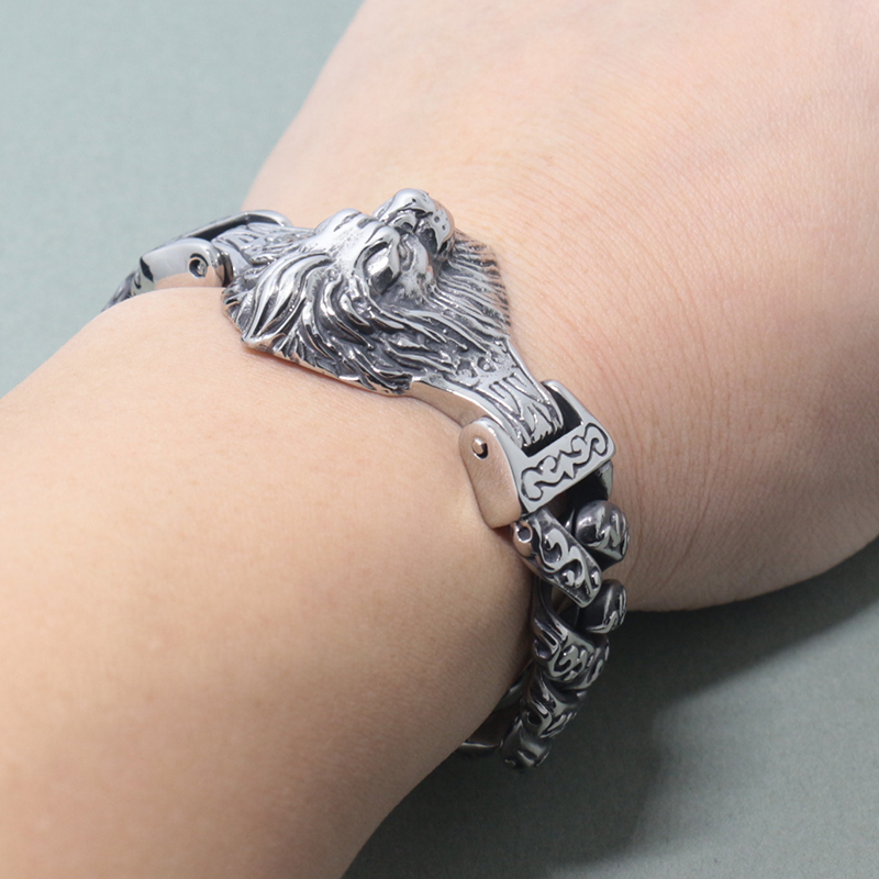 

Cool Hip Hop Silver Lion Head Bracelets Women Men Lovers Link Chain Rock Punk Bangles Fashion Party Wedding Jewelry Accessories, Black