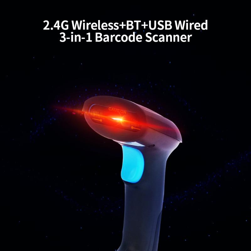 

Handheld Wirelress Barcode Scanner 2.4G Wireless BT Wired Three-in-one Scanner High-speed CDD Code Reader for Supermarket Store