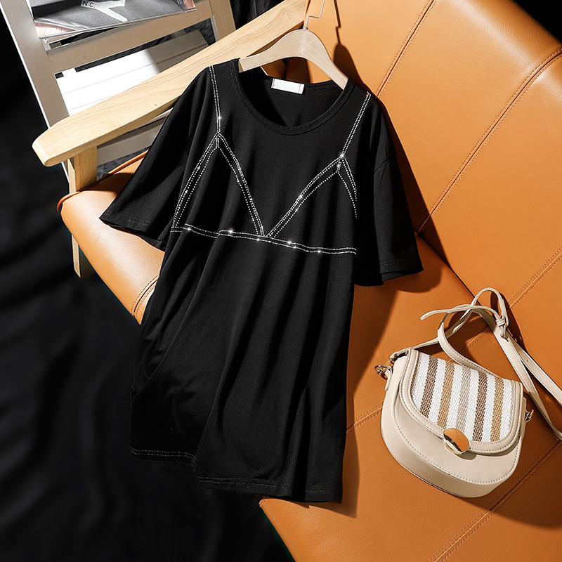 

Summer 2020 England style new fashion loose plue size 5XL short-sleeved T-shirt for women personality hot diamond female tops, Black
