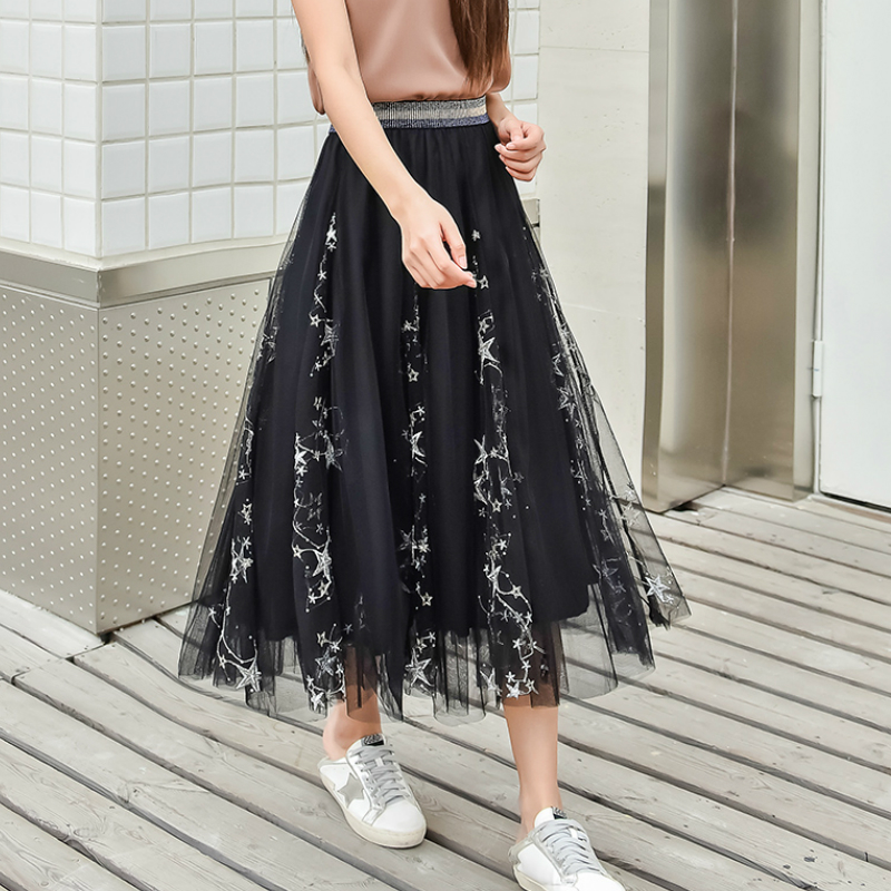 

Summer Starry Embroidery Tulle Ankle Long Skirts Metallic Stars Embroidered Sequins Patchwork A-line Maxi Long Swing Skirts, Beige