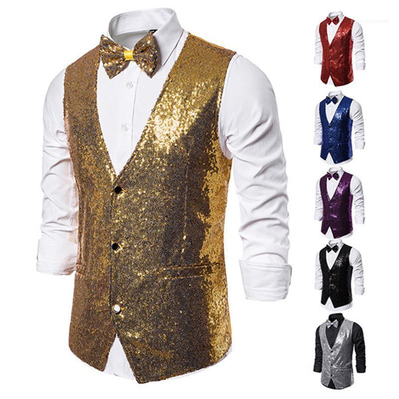 

Vintage Style Sleeveless V Neck Vests Fashion Mens Vests Vestes De Designer Pour Hommes Men Luxury Sequins Stage, Black;white