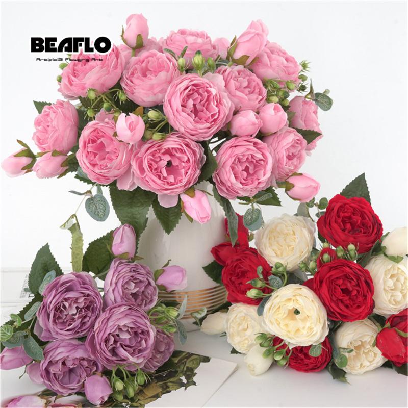 

1 Bouquet 9 heads Artificial Peony Rose Flowers Camellia Silk Fake Flower flores for DIY Home Garden Wedding Decoration, Black