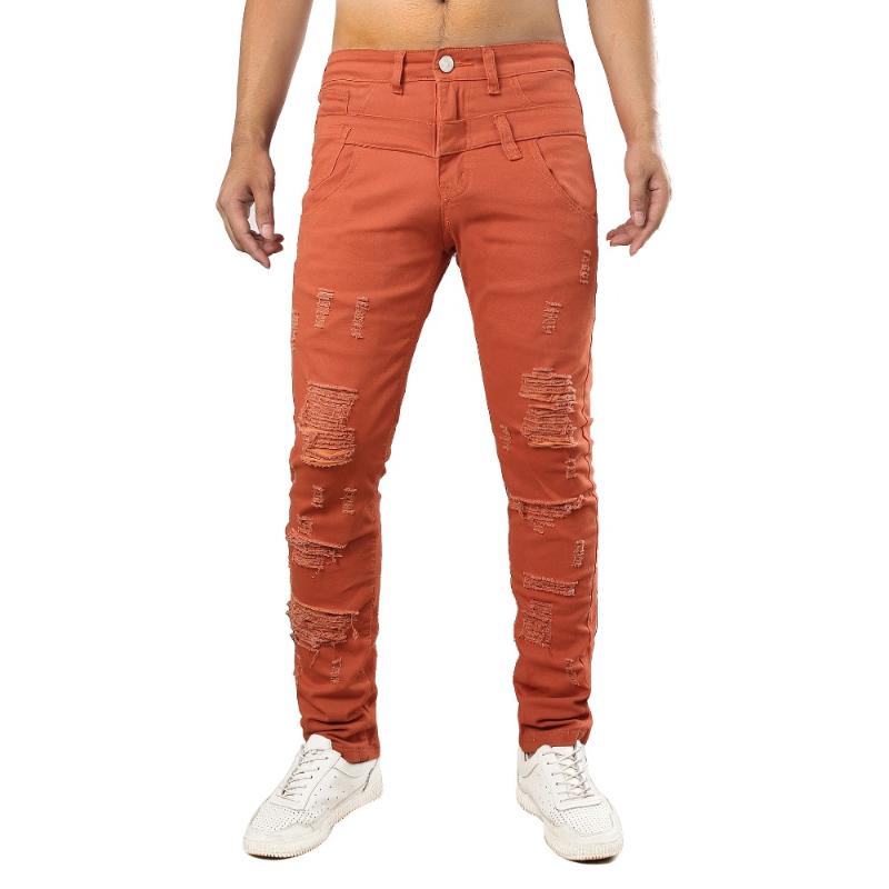 

Double Biker Jean Men High Quality Personality Orange Jean Fashion Pant Male Slim Denim Trouser Plus Size