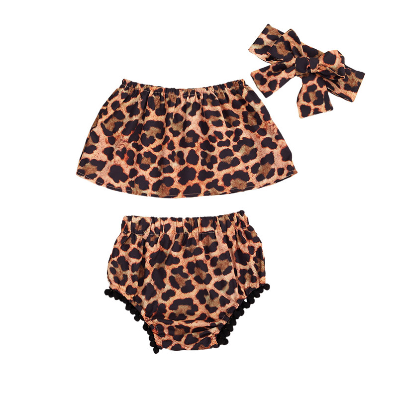 

Summer Newborn Baby Girls Leopard Printed Clothes Sets Off Shoulder Vest Tops Shorts Headband 0-24M, Brown
