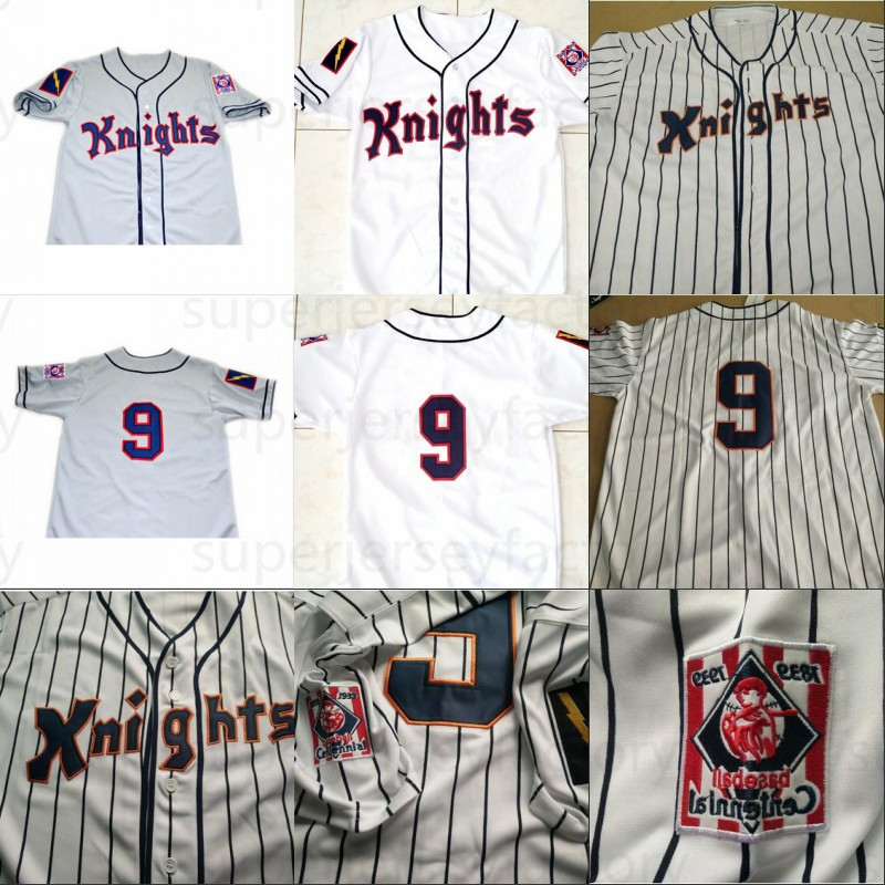 

#9 Roy HOBBS 1984 New York Knights The Natural Movie Button Down Baseball jersey 100% Stitched Custom Jerseys Grey White Free Shipping, 9 white