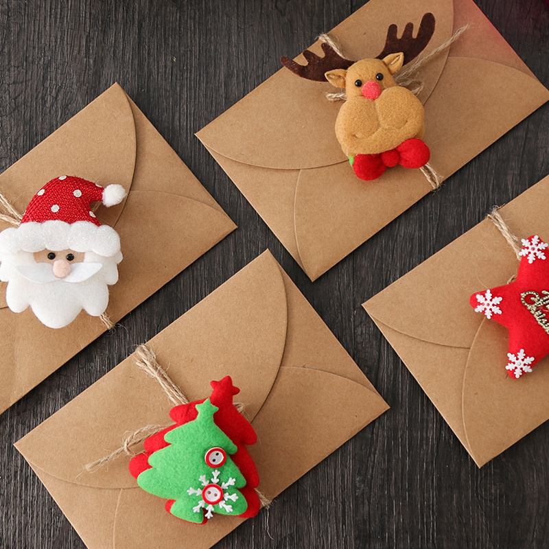 

Kraft Paper Greeting Card With Plush Hairpin Christmas Card Creative Blessing Gift 3D Retro Message With Envelope