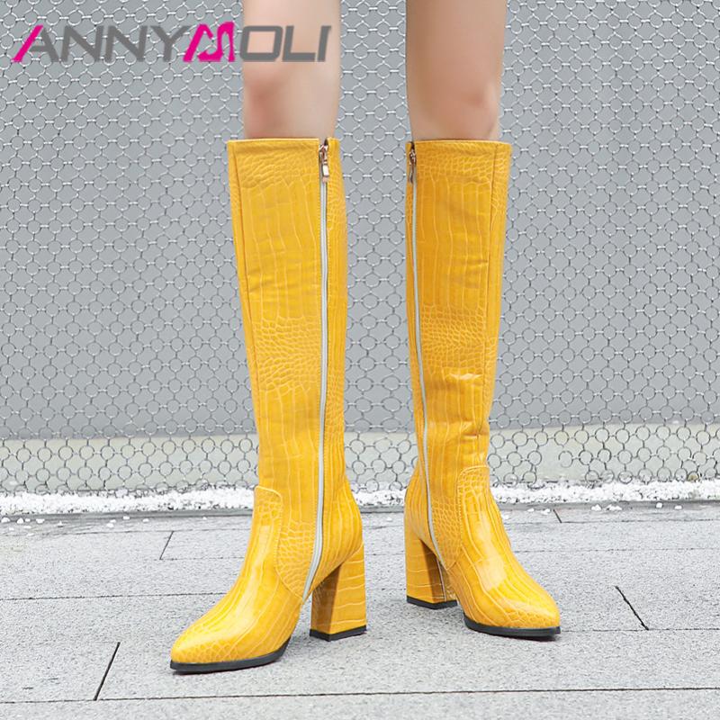 

ANNYMOLI Women Long Boots Shoes Zip High Heel Knee High Heel Boots Pointed Toe Block Heels Female oots Winter Black Golden 43