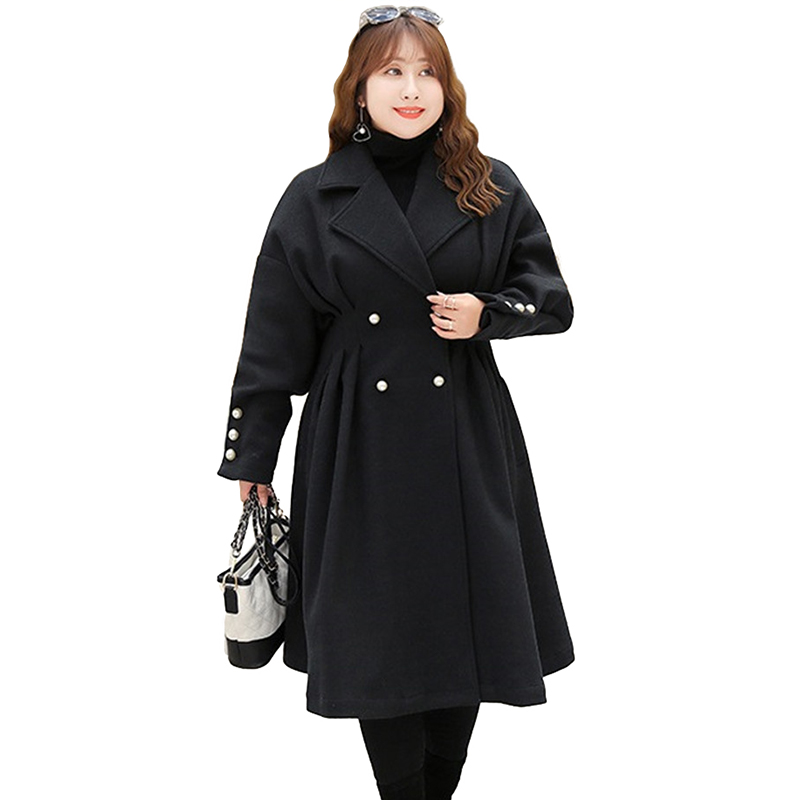 

2020 Oversize Woolen Coat Women for Autumn Winter Bat sleeve Elastic waist Black Woolen Jacket Female Plus size Outerwear G716