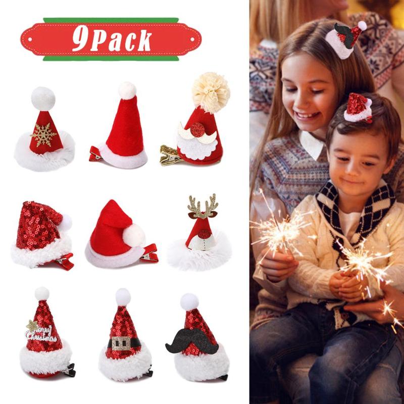 

9pcs Christmas Hat Hair Accessories Glitter Bobby Pin Kids & Adults for Girls Red Christmas Hair Clip Party Supplies Gifts