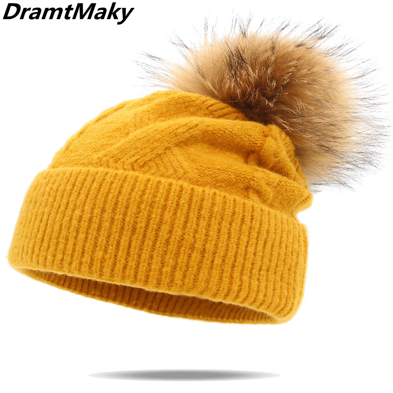 

Fashion Real fur ball cap pompom winter hat for women knitted hat beanies cap brand new thick female gorro autumn bonnet, 12