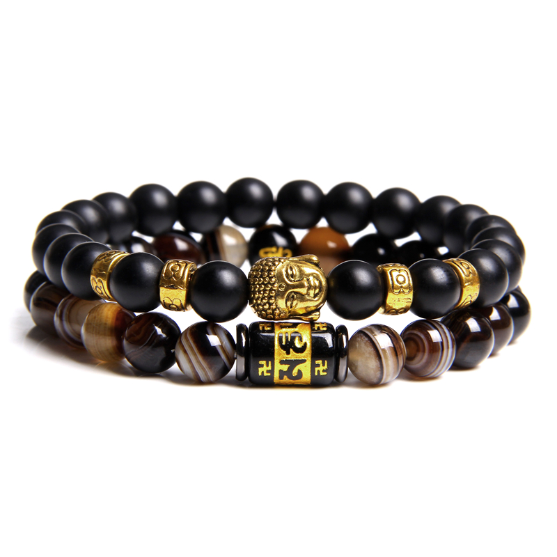 

2pcs/set Six Word Buddha Head Bracelet Natural Stone Stripe Agates and Black Onyx Beads Braslet Minimalist Yoga Bracelet Jewelry