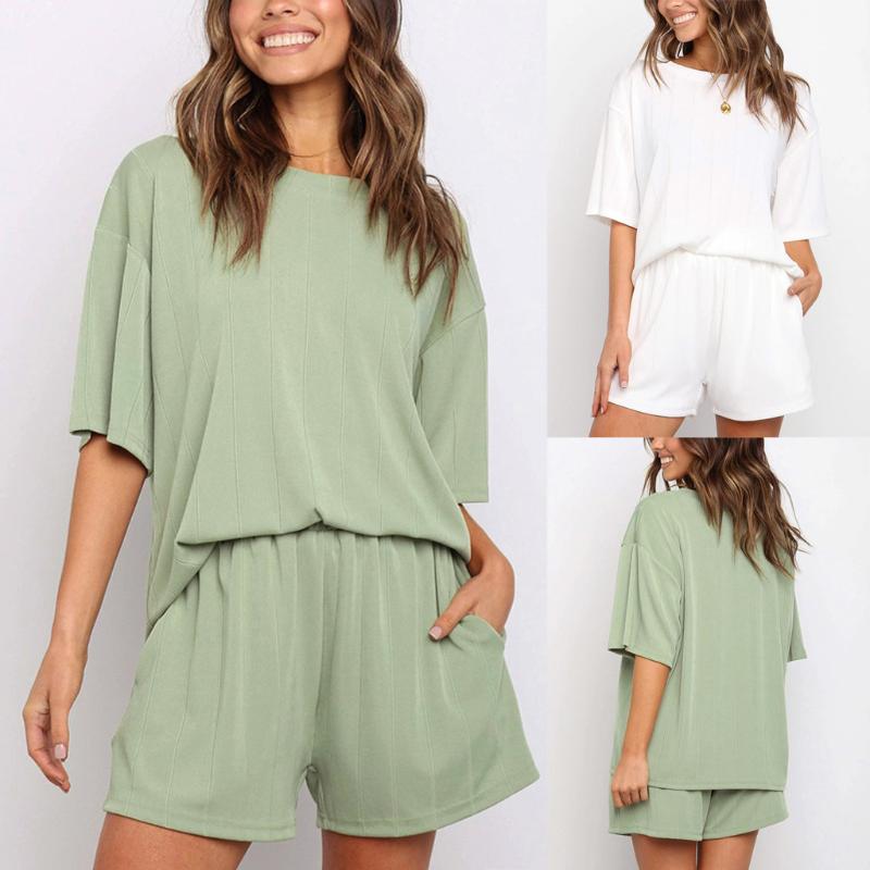 

Women' Casual Suit Round Neck Short Sleeve Sets Solid Color Shorts Elastic Band Sets Housewear Daily Female, White