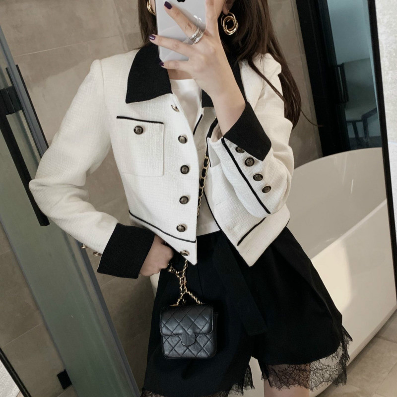 

EWQ] 2020 Autumn Ladies Fashion Wild Casual Short Slim Coats Paragraph Color Matching Jacket Women White Trend Coat Feminino