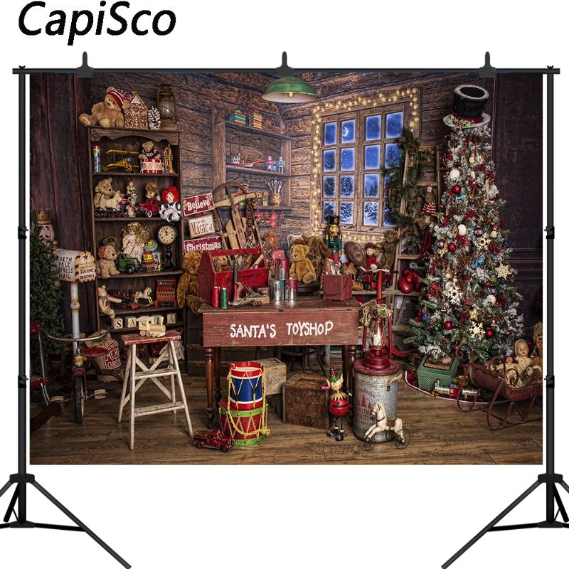 

Capisco Santa's toy shop photography backdrops Christmas tree gift Snow Window Wood Shed store Background Photo Studio Props