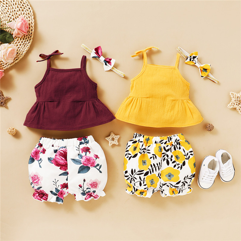 

2020 Newborn Baby Girl Clothes Summre Infant Toddler Kids Clothing Set Strap Tops Shorts Headband 3PCS Floral Print Outfit 0-18M, Yellow