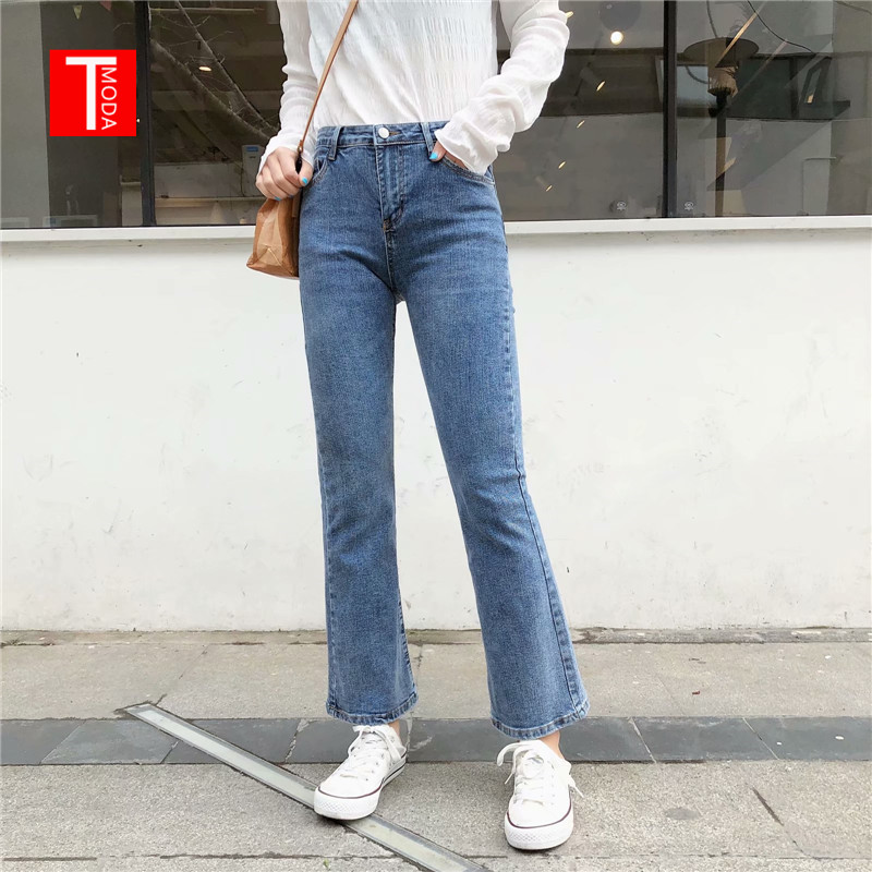 

TMODA P039 High Waist Straight Jeans Woman Korean Loose Solid Split Jeans Simple Slim Plus Size Women' Blue 2020