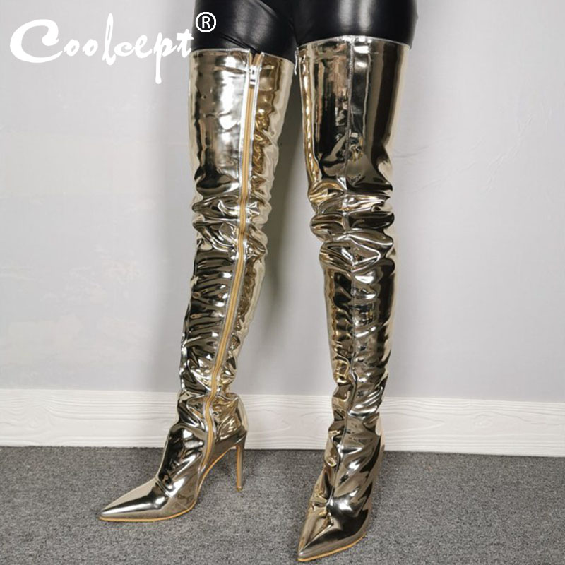 

Coolcept Spring Women Over Knee Boots Fashion Style Side Zipper Shoes Women Sexy Thin High Heels Pointed Toe Footwear Size 35-47, Gold