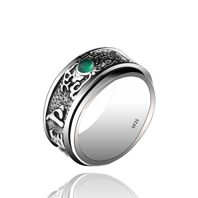 

925 sterling silver Inlaid Chalcedony Buddhist Heart Sutra Rotatable Ring Buddha Heart Sutra Ring