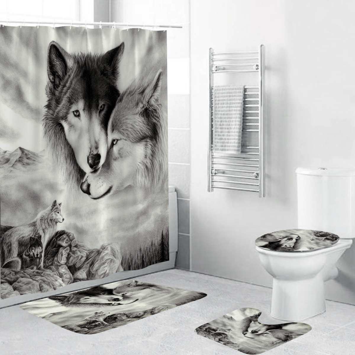 US Wolf Dream Catcher Shower Curtain 12 hook Anti-slip Bath Mat Lid Toilet Cover