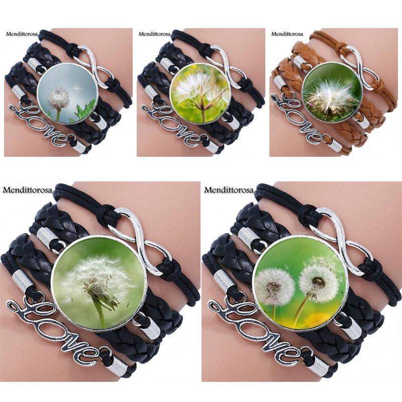 

Vintage Plated Jewelry Glass Cabochon Multilayer Black/Brown Leather Bracelet Bangle For Women Jewellery Dandelion Thistles
